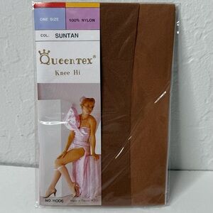 Queentex Stockings Womens  One Size Knee‎ High Suntan Nylons Vintage Pull Up New